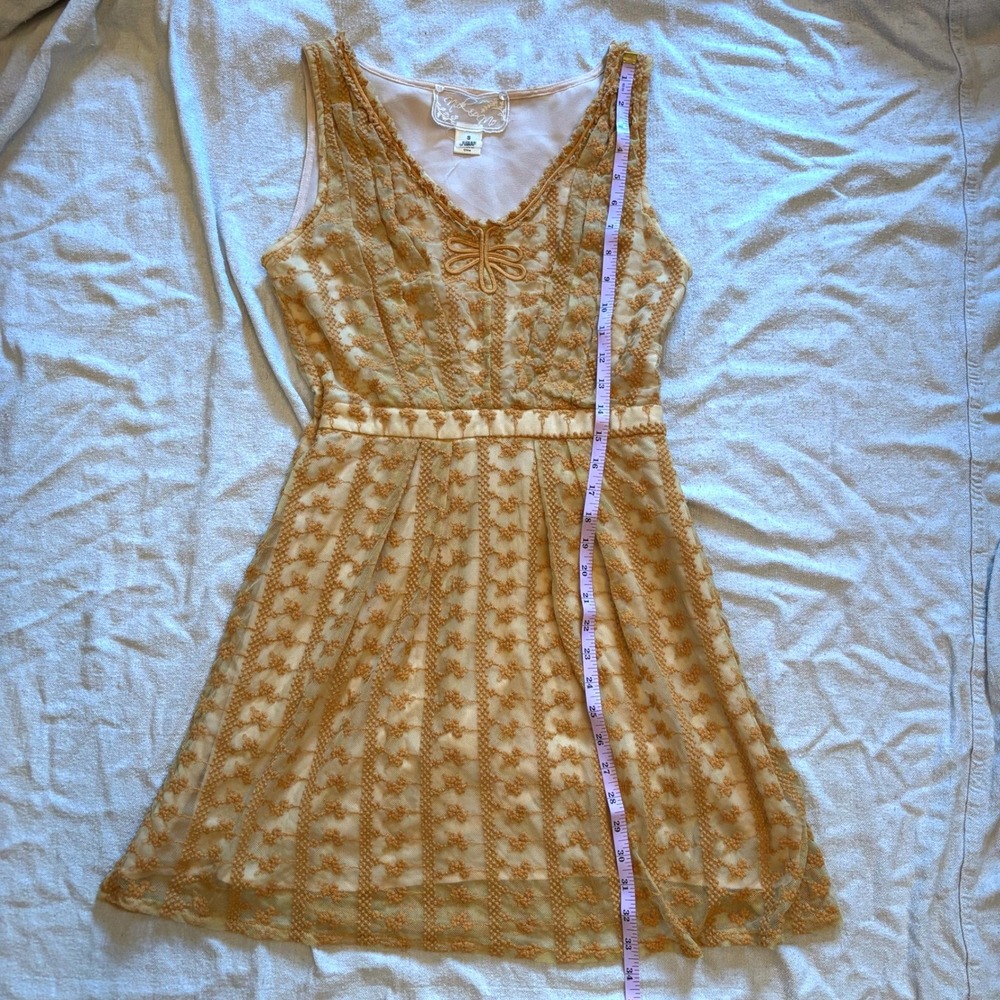 Nick & Mo Mustard Yellow Lace Floral Embroidered V-Neck Fit & Flare Dress Small - Picture 7 of 7